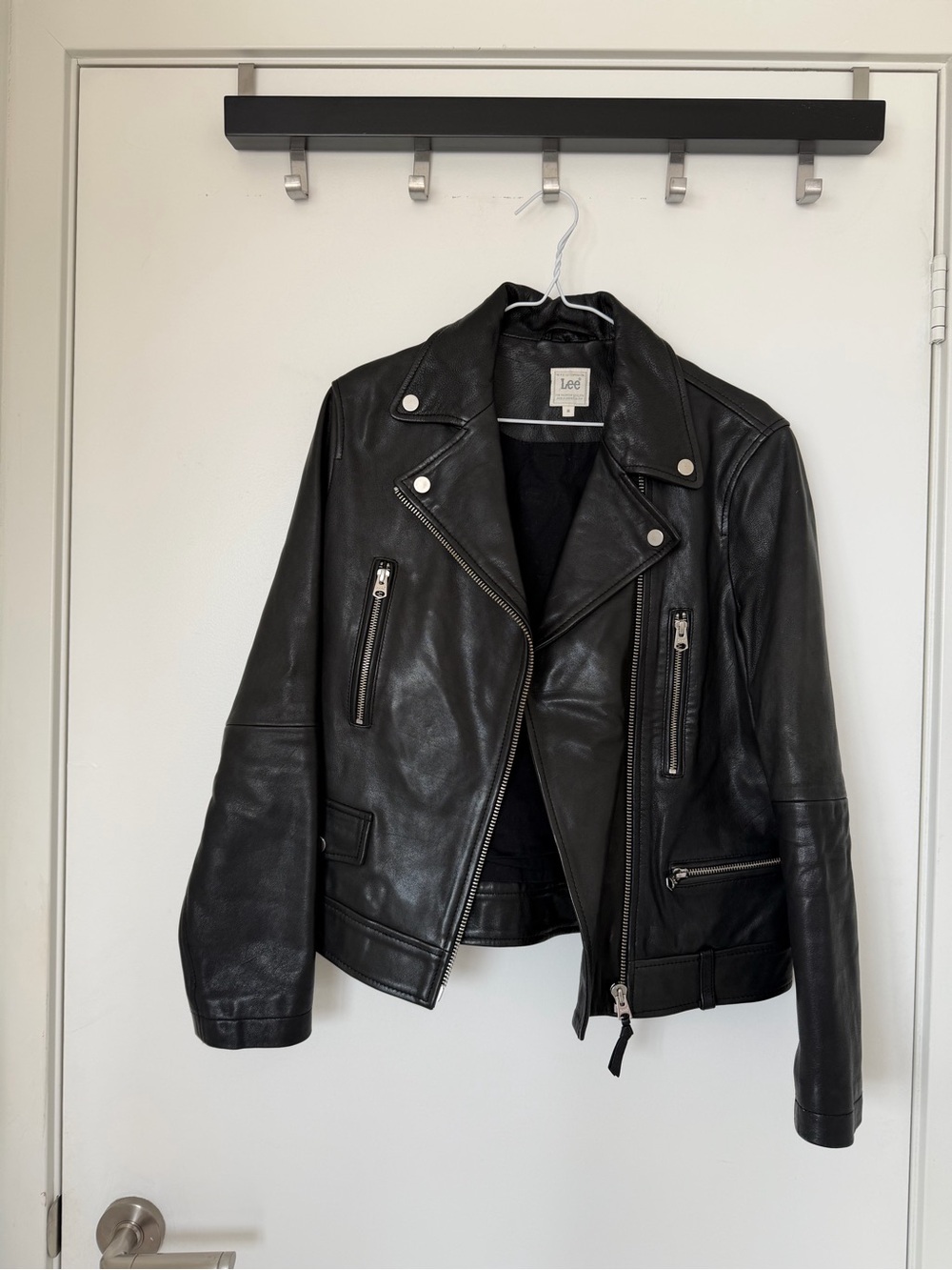 Lee Black Leather Moto Jacket with Zip Pocket Details